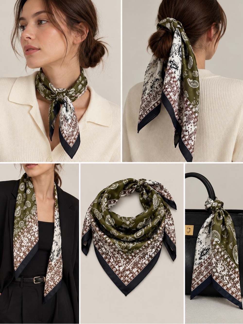 Mango Olive Paisley Silk-Feel Square Scarf
